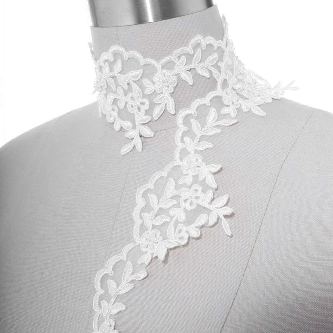 1 Yard 3 Inch Wide Ivory Polyester Bridal Lace Trim Leaf Motif Beaded Scalloped Edging